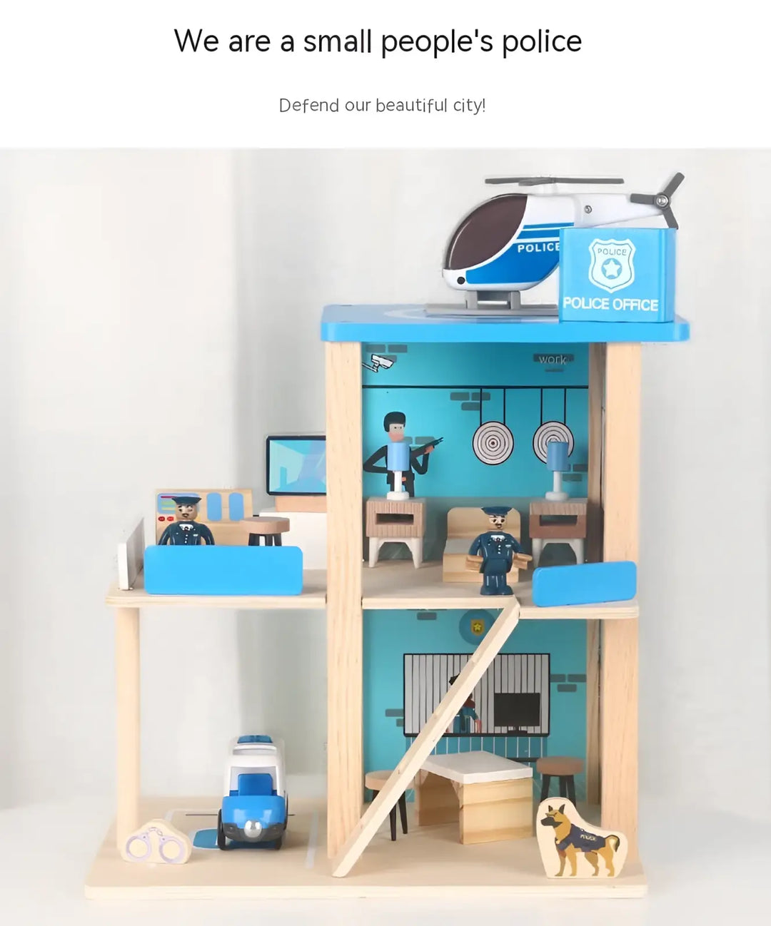 Wooden police station playset with light wood structure, ladder, and blue helicopter