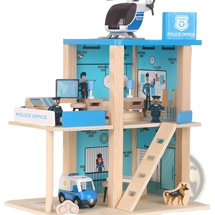 Wooden police station playset with blue helicopter, ladder, police car, officers, and dog