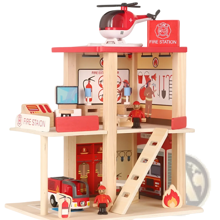 Wooden fire station playset with red helicopter, ladder, fire accessories, and figures