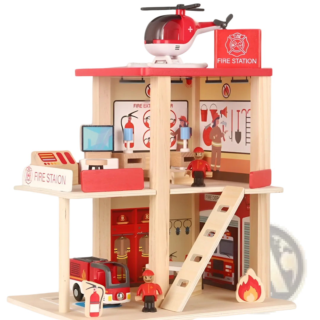 Wooden fire station playset front view with red helicopter, ramp, fire gear, and figures