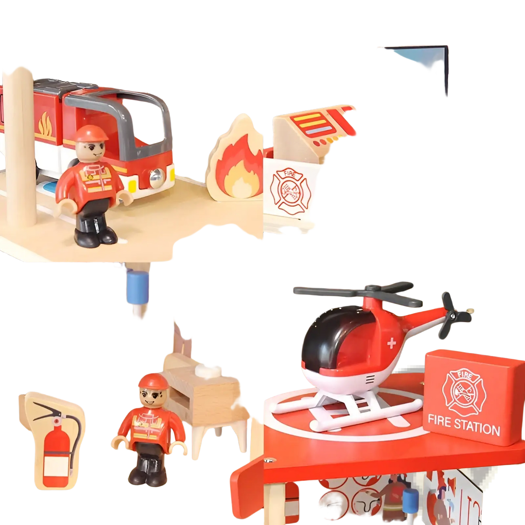 Wooden fire station playset with red helicopter, fire gear, ladder, and firefighter figure