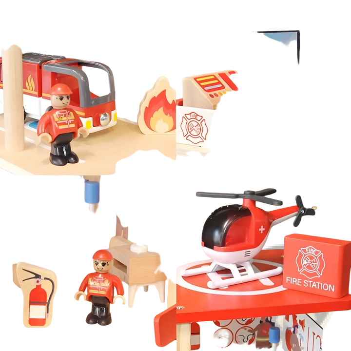 Wooden fire station playset with red helicopter, fire gear, ladder, and firefighter figure
