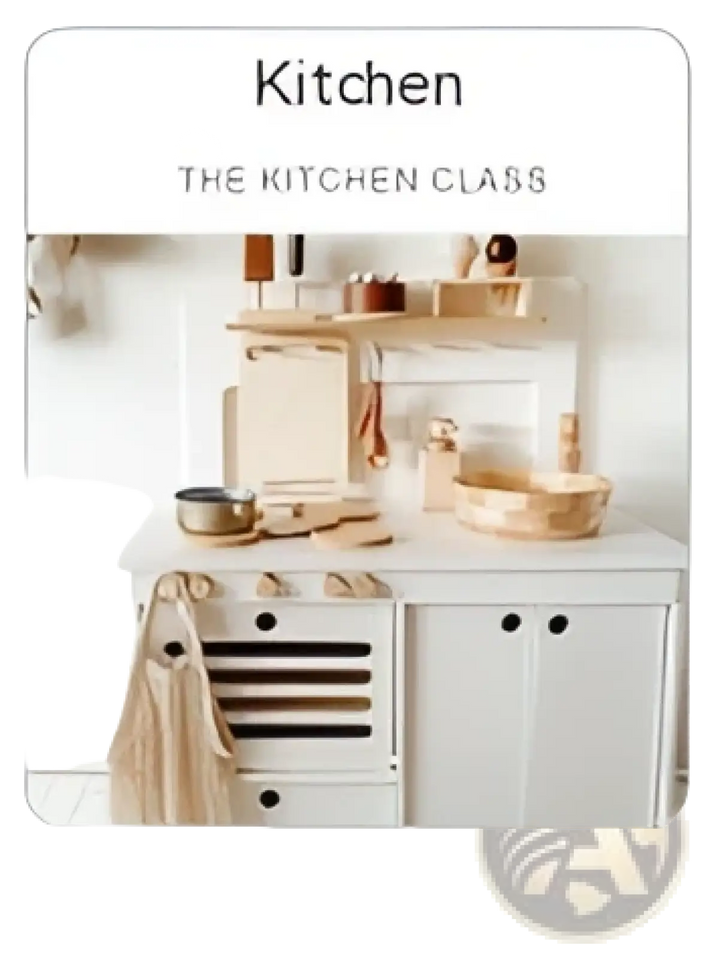 White wooden play kitchen with sink, cabinets, shelves, and countertop accessories