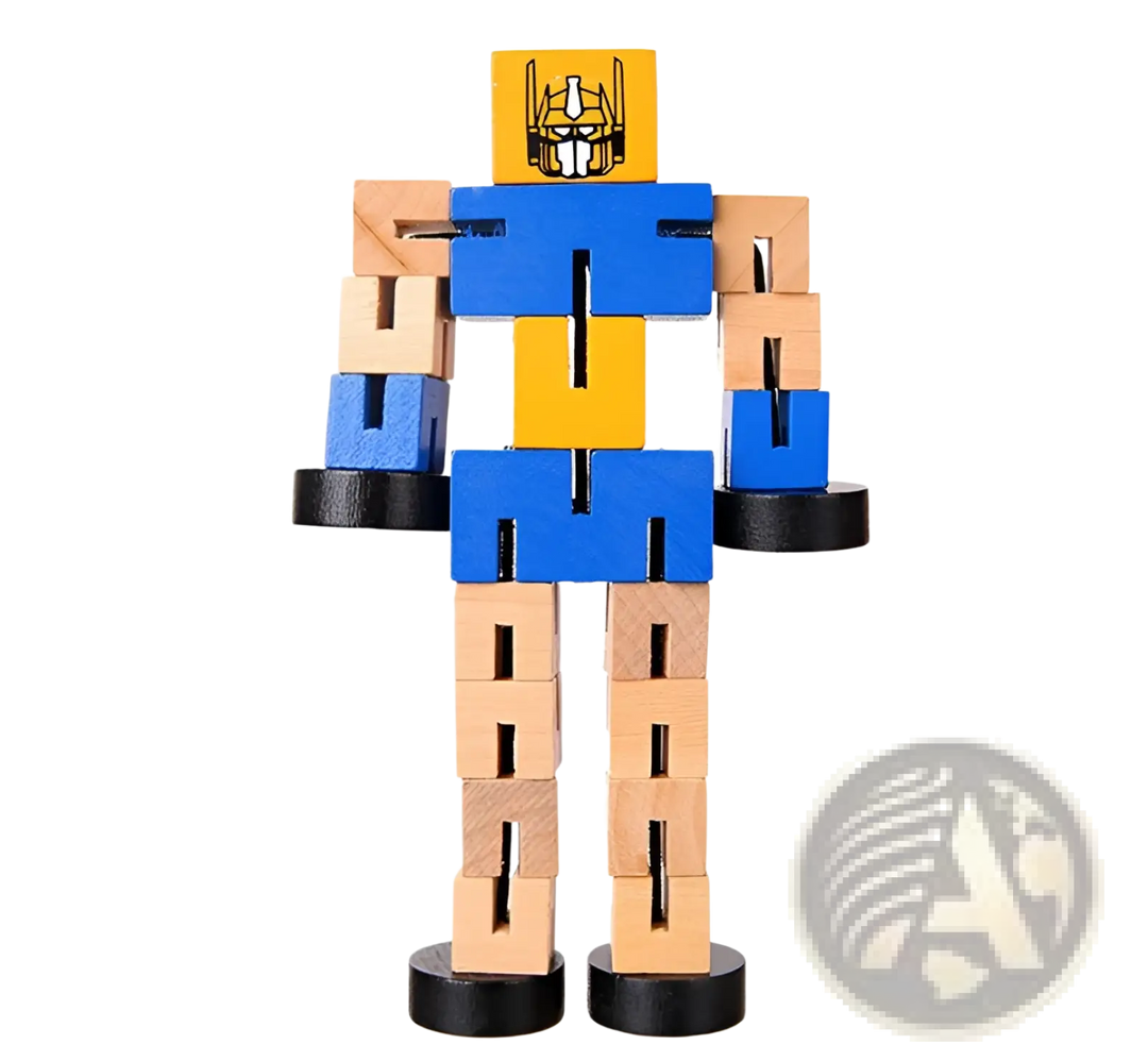 Wooden modular robot puzzle figure, blue and yellow panels with black feet