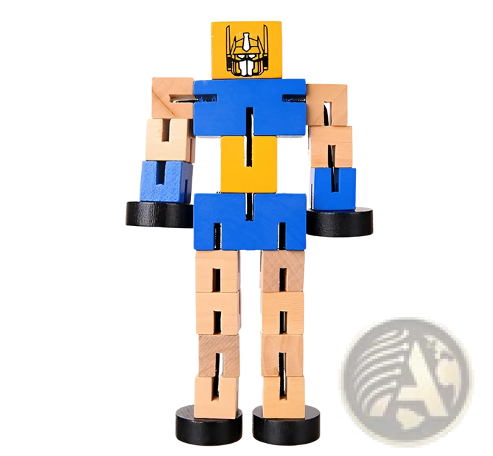 Wooden modular robot puzzle figure, blue and yellow panels with black feet