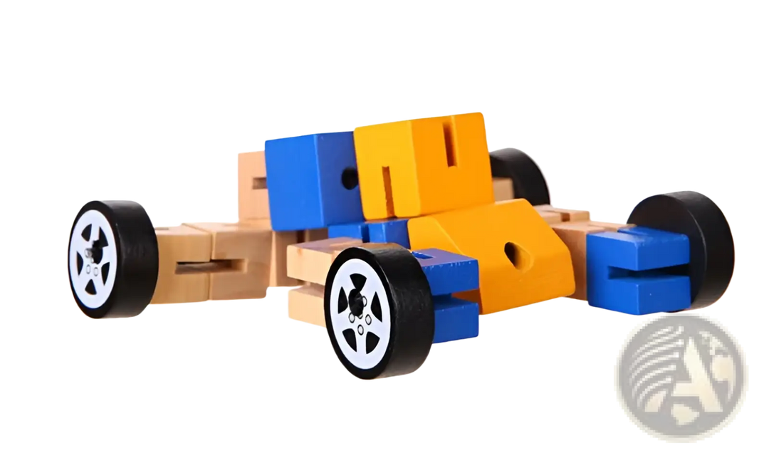 Wooden robot puzzle car figure with wheels, blue and yellow with black tires