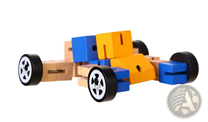 Wooden robot puzzle car figure with wheels, blue and yellow with black tires