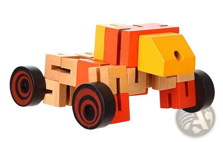 Wooden robot puzzle car figure with wheels, orange, red, and yellow parts
