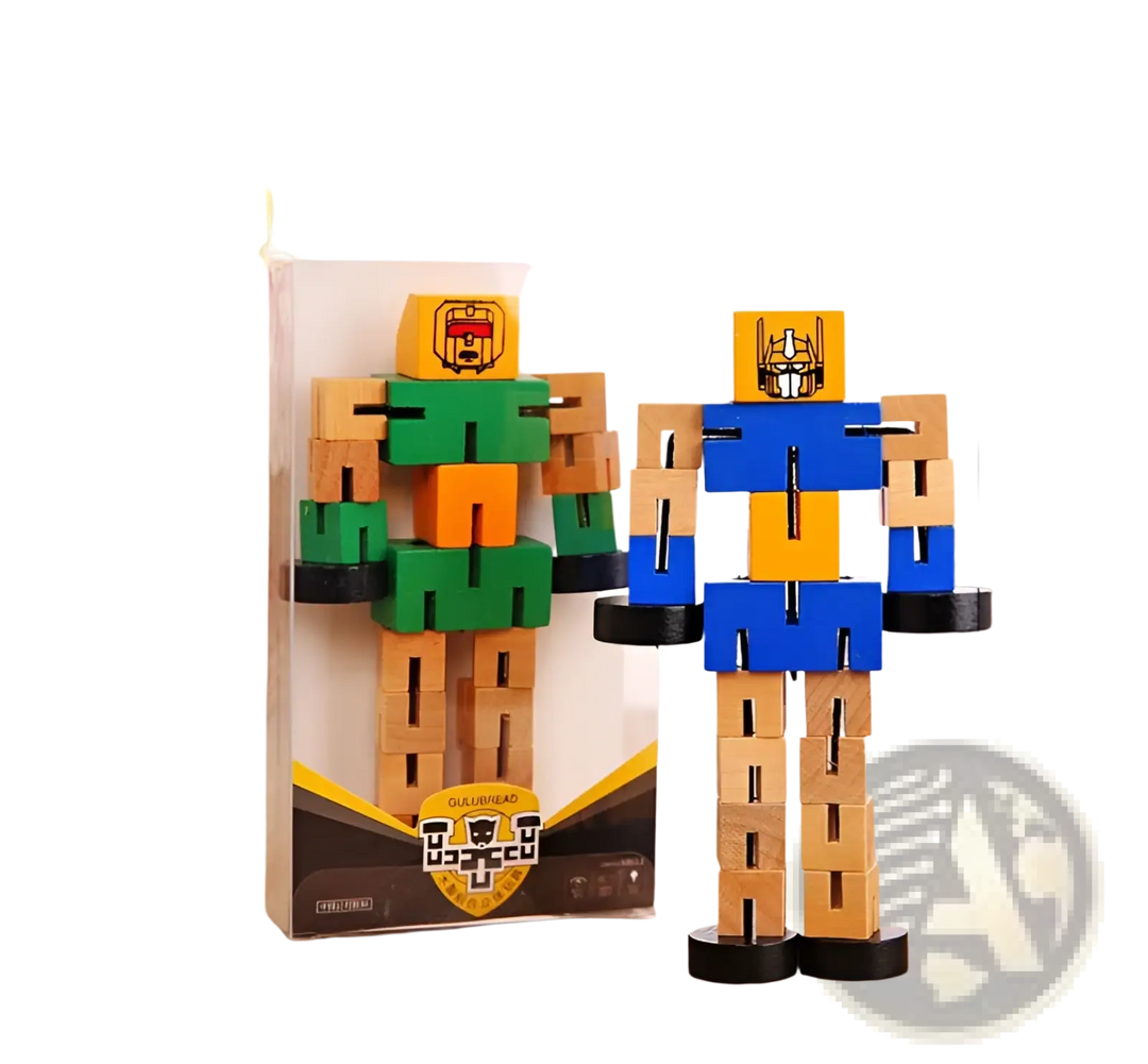Wooden robot puzzle figure in green and blue, standing with black base feet