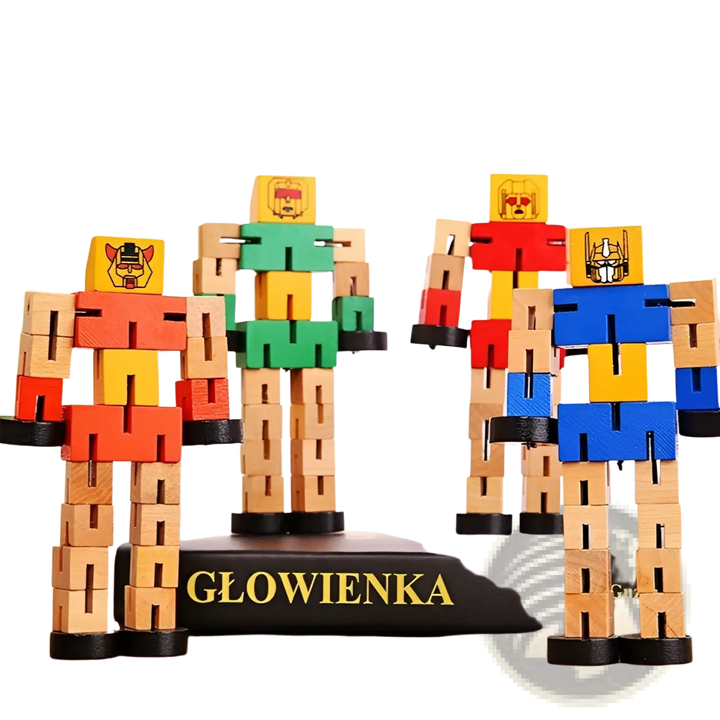 Modular wooden robot puzzle figure, multicolor red, green, and blue with black feet