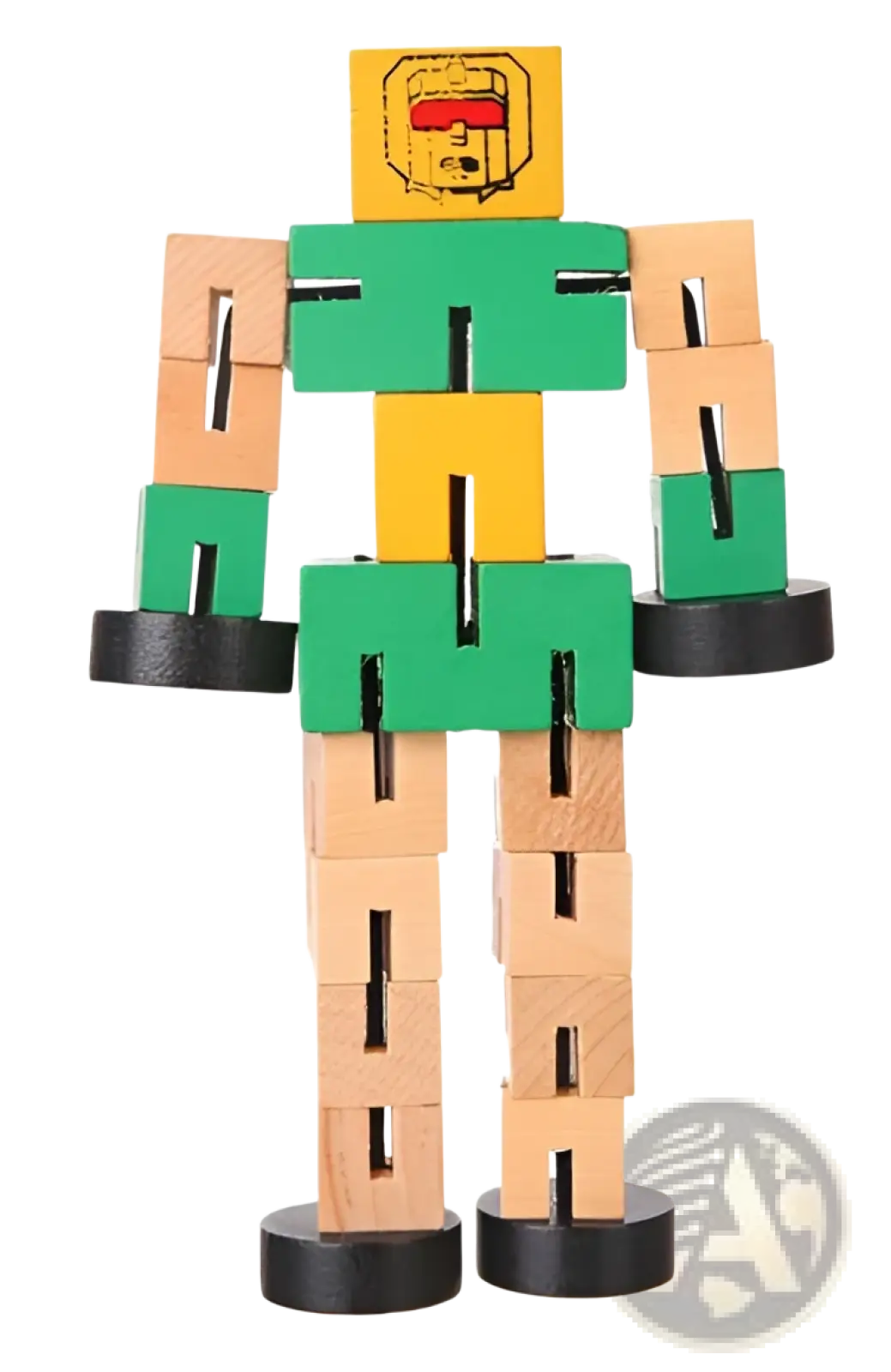 Wooden modular robot puzzle figure, teal green and yellow with black feet