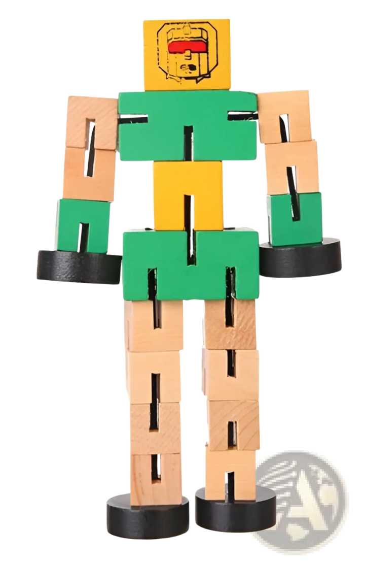 Wooden modular robot puzzle figure, teal green and yellow with black feet