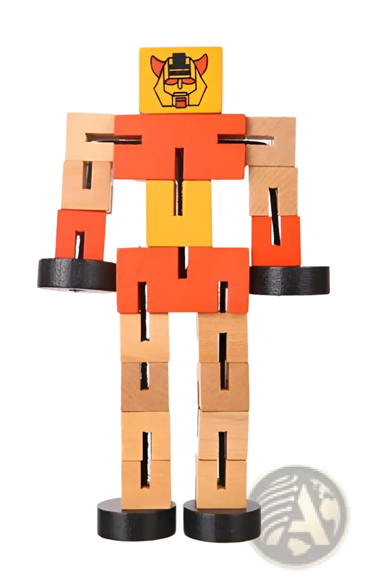 Modular wooden robot puzzle figure, orange red and yellow blocks with black feet