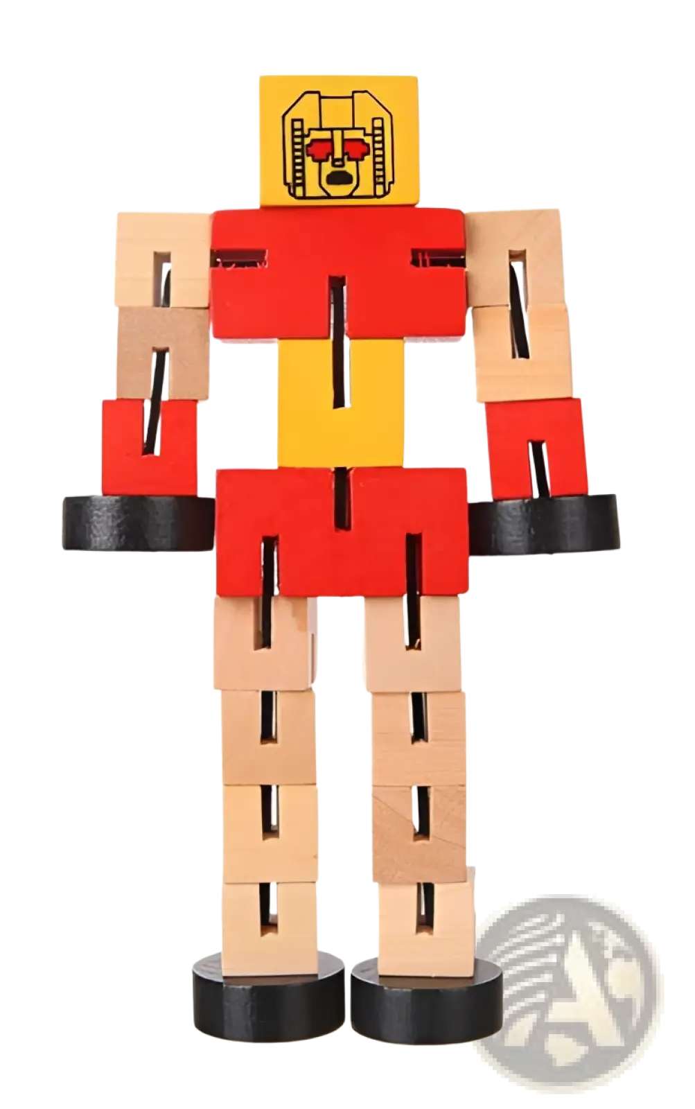 Wooden modular robot puzzle figure in red and yellow with black feet