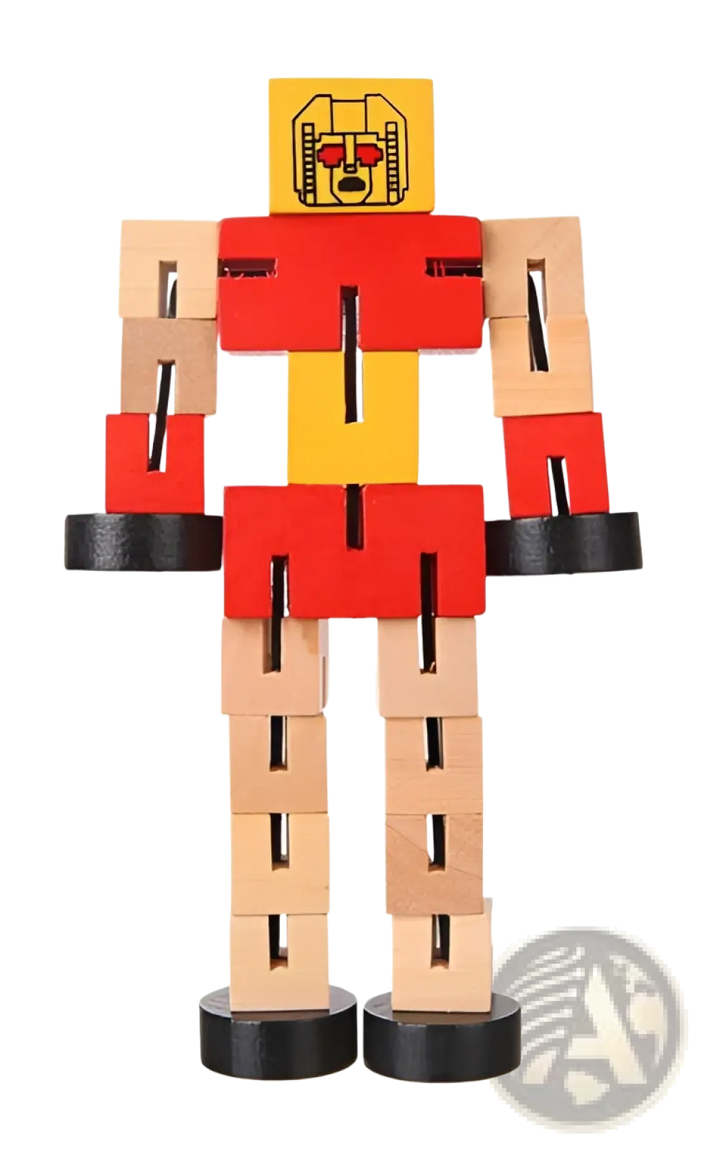 Wooden modular robot puzzle figure in red and yellow with black feet