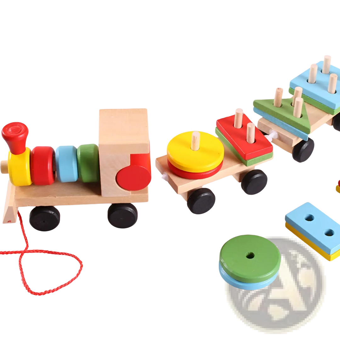 Wooden shape sorter train with stacking rings, colorful blocks, and black wheels