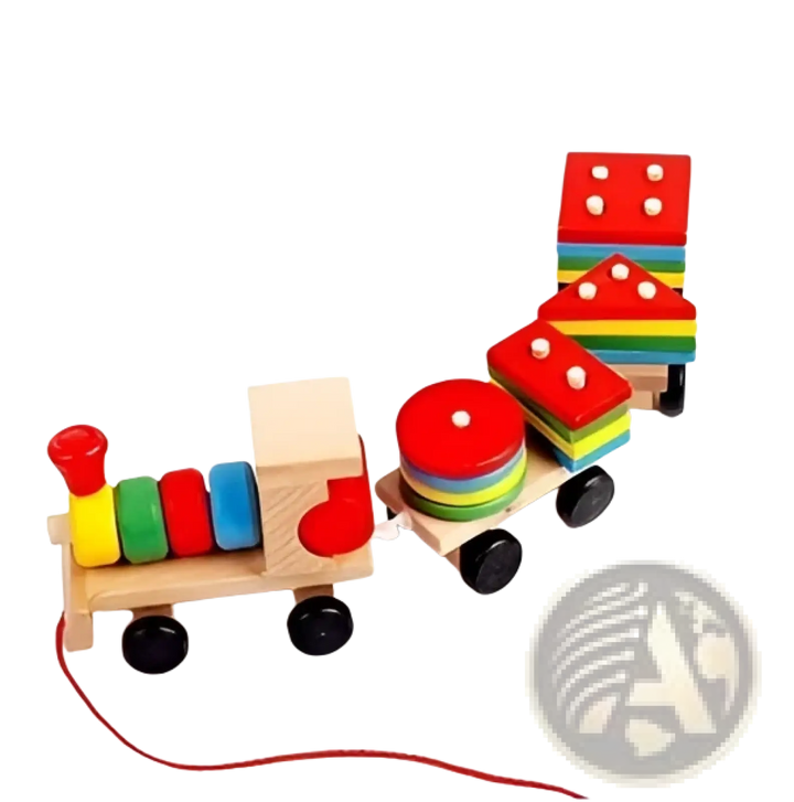 Wooden shape sorter train with stacked rings, rainbow panels, and black wheels