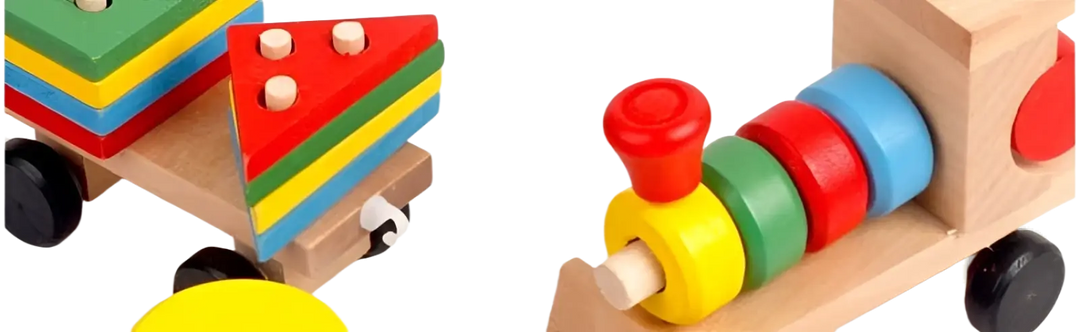 Wooden stacking train close-up with striped panels, peg top, and colored wheels