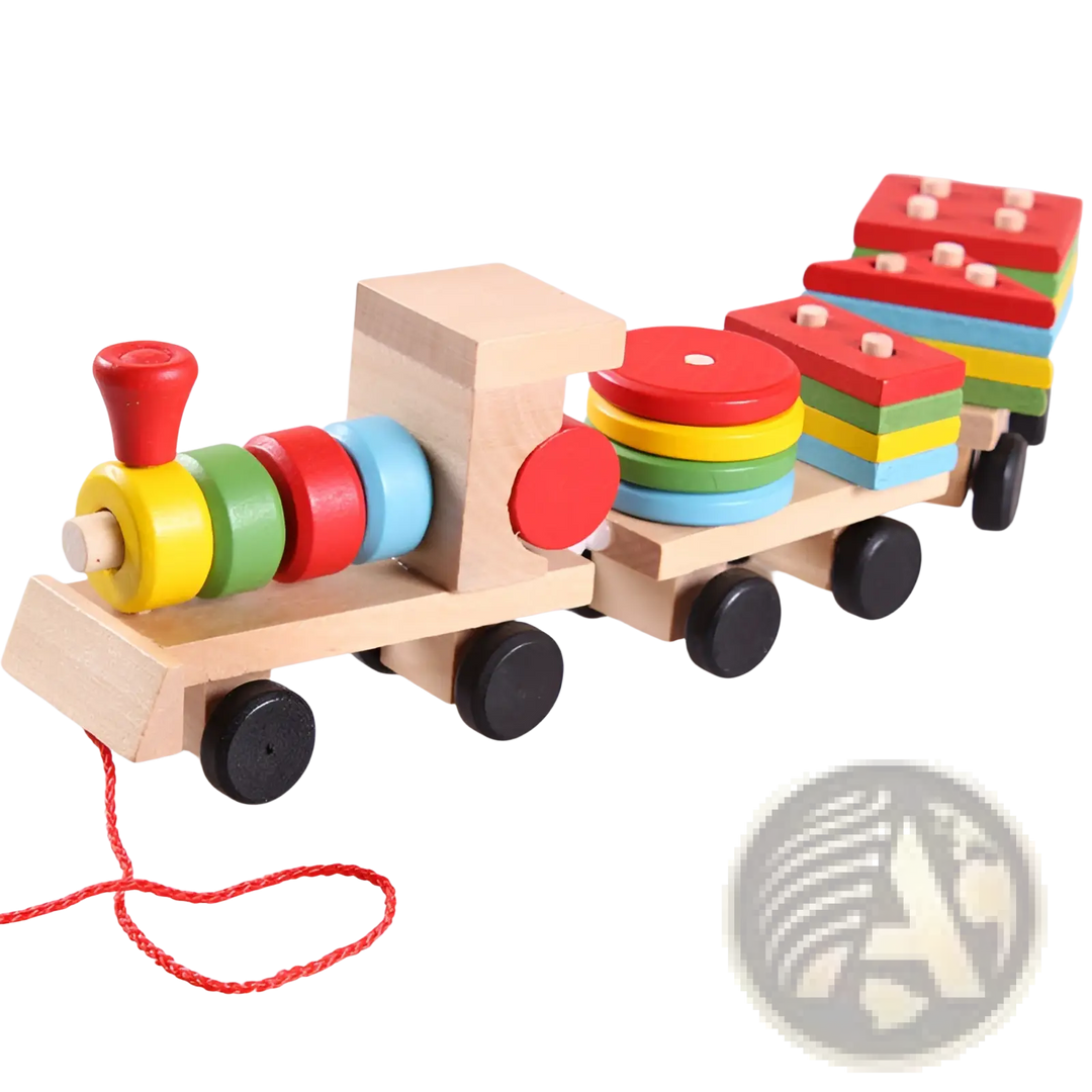 Wooden train stacking toy with colored rings and bead roller, shape sorter blocks