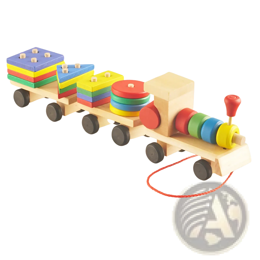 Wooden pull-along train with rainbow roof, stacked discs, bead roller, and black wheels