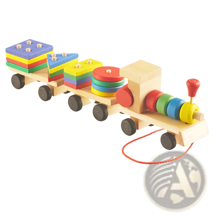Wooden pull-along train with rainbow roof, stacked discs, bead roller, and black wheels