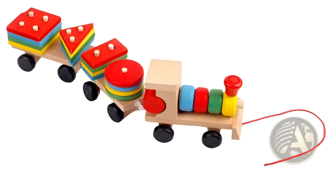 Wooden pull-along train stacking toy with peg blocks, rainbow rings, and black wheels