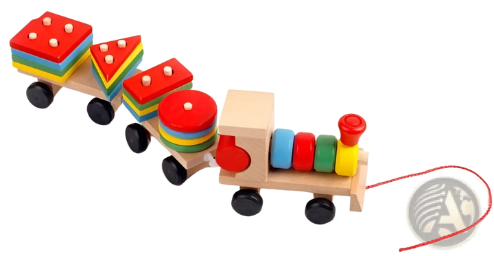 Wooden pull-along train stacking toy with peg blocks, rainbow rings, and black wheels