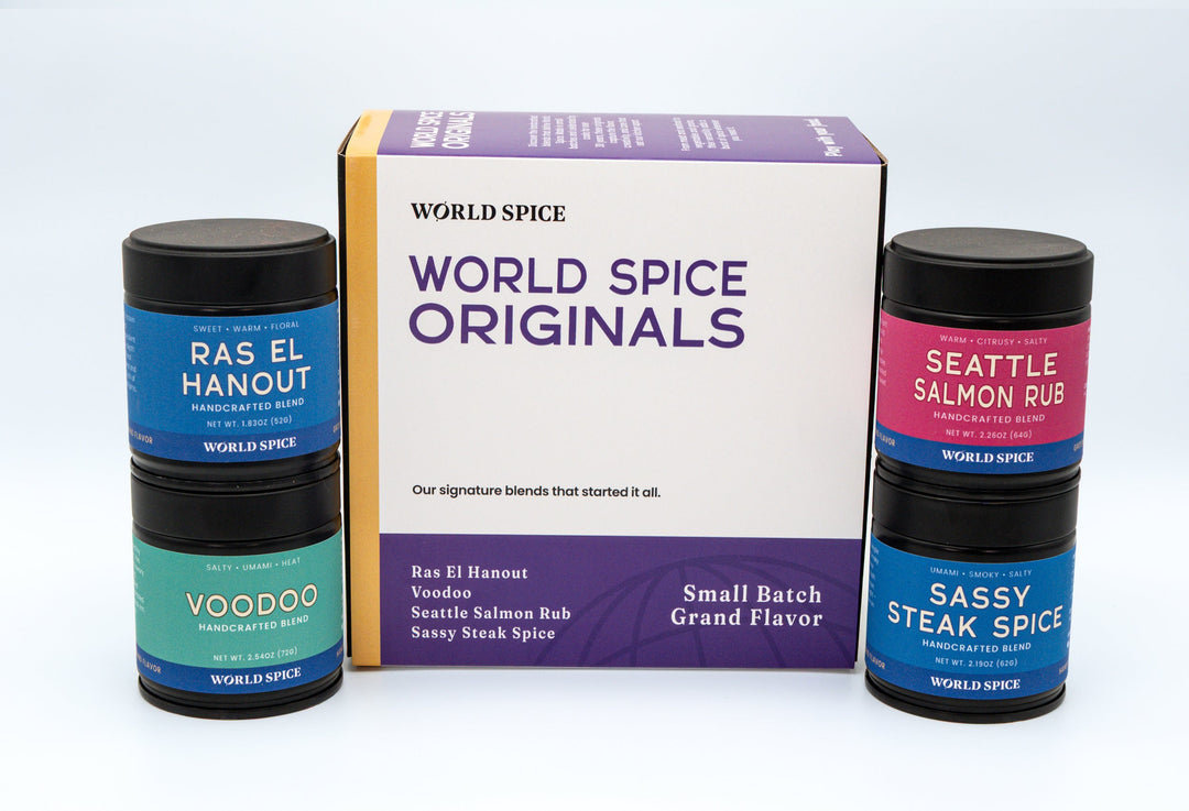 World Spice Originals spice gift set with three small spice rub containers and box