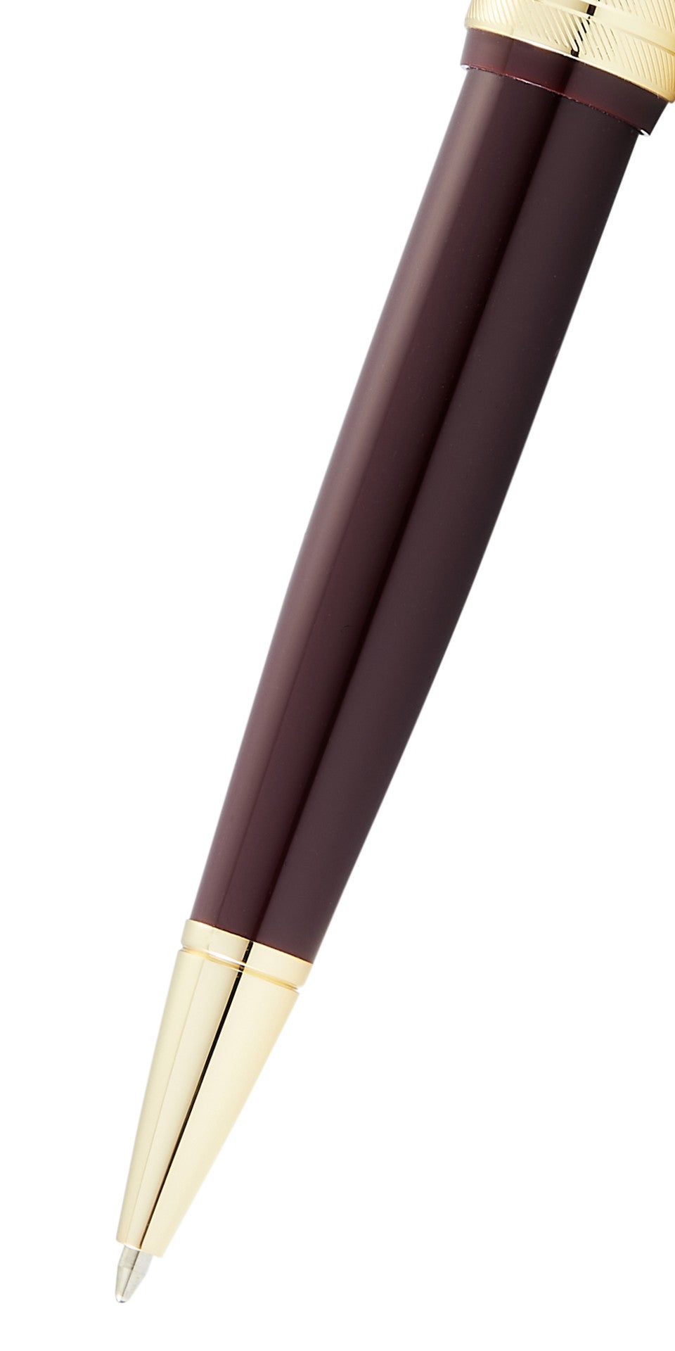 Burgundy resin ballpoint pen with gold-tone accents and pointed nib tip