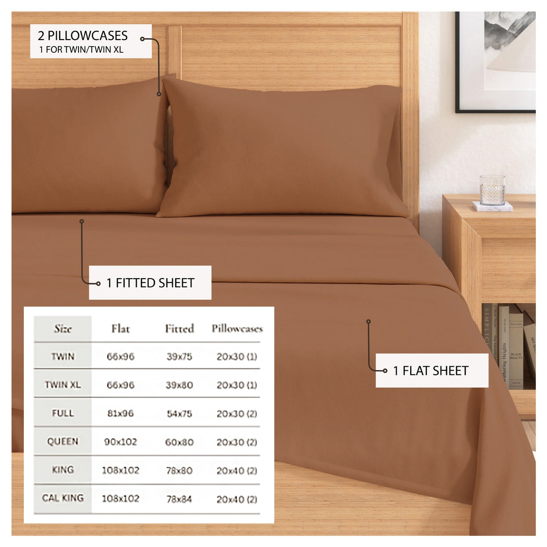 Solid cotton flannel sheet set in camel brown, fitted and flat sheet size chart diagram
