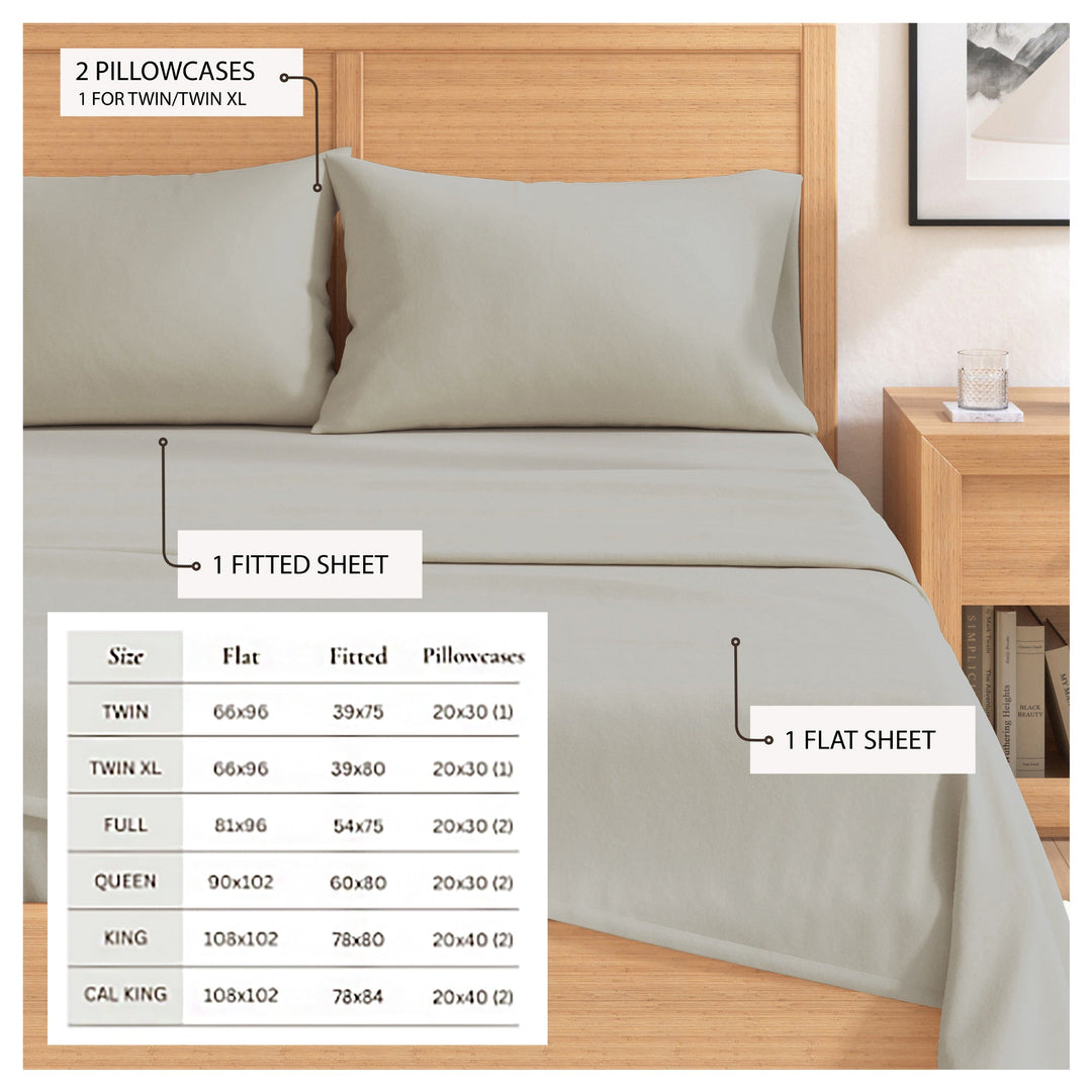 Solid cotton flannel sheet set in light grey, fitted and flat sheet size chart diagram