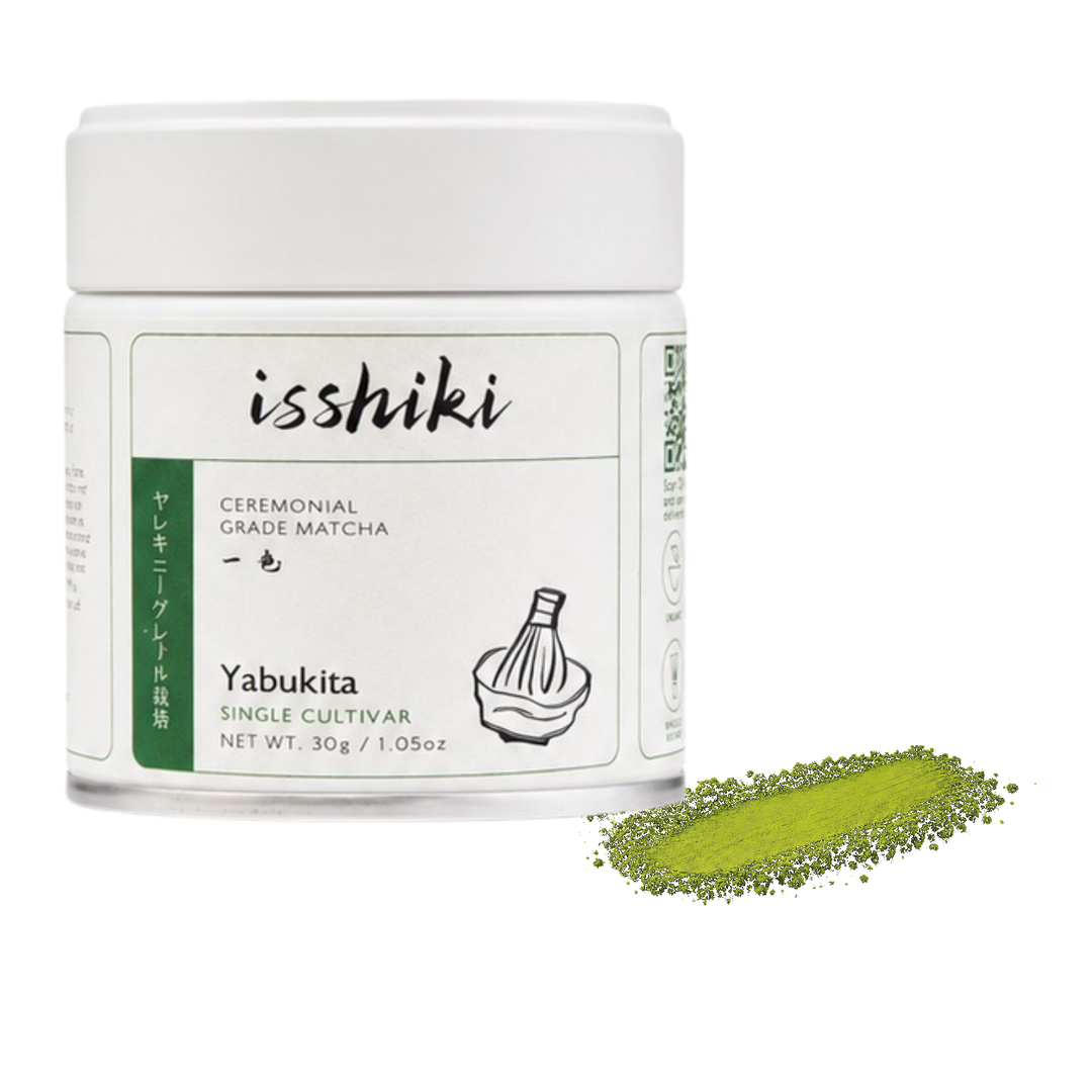 Ceremonial matcha tin with white lid; front label shows Yabukita single cultivar