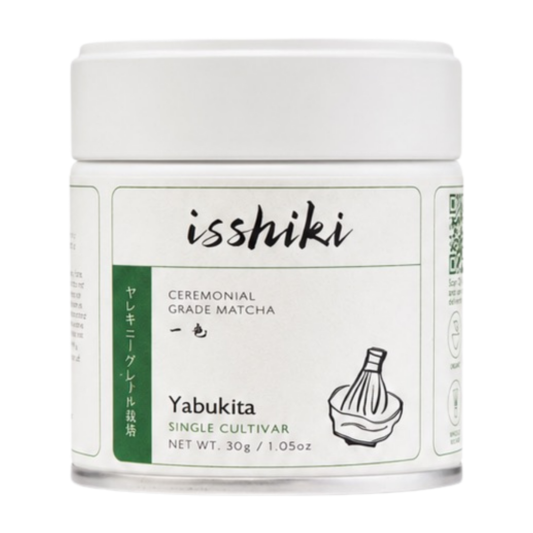 Close-up of ceremonial matcha tin front label with Yabukita single cultivar and whisk icon