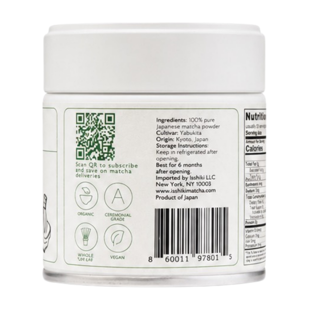 Back of ceremonial matcha tin with barcode, QR code, and product details