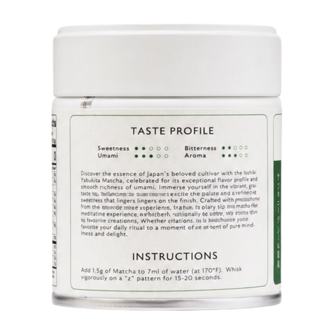 Taste profile and directions panel on a ceremonial matcha tin
