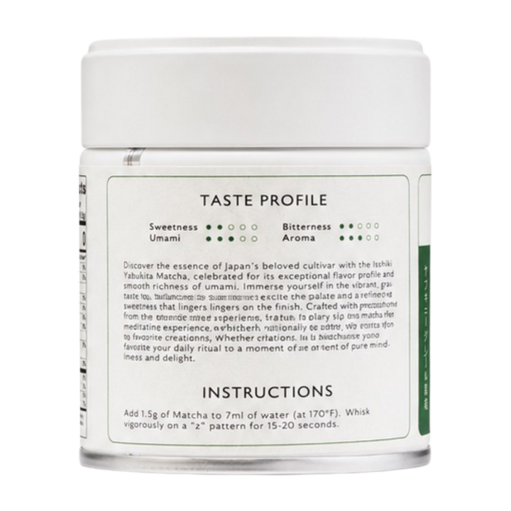 Taste profile and directions panel on a ceremonial matcha tin