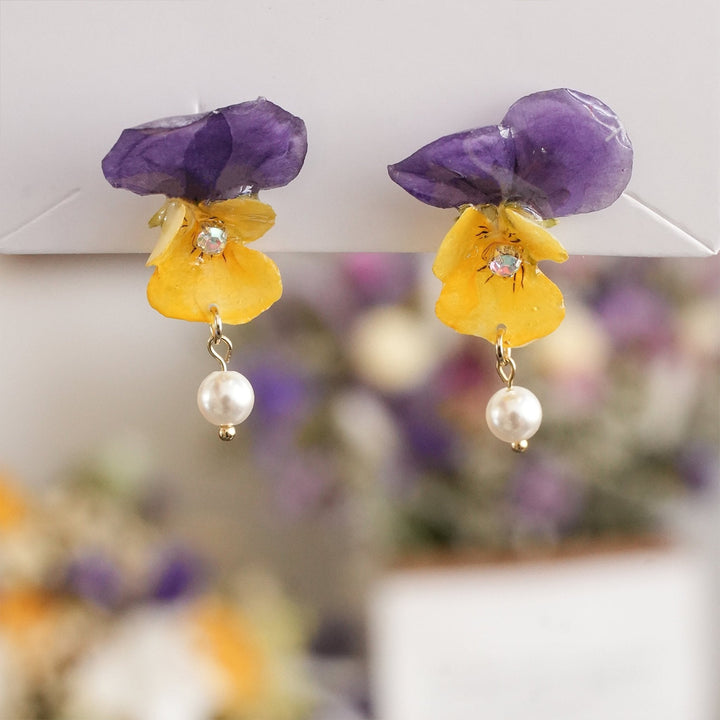 "Singing Garden" Real Viola Pansy Earrings