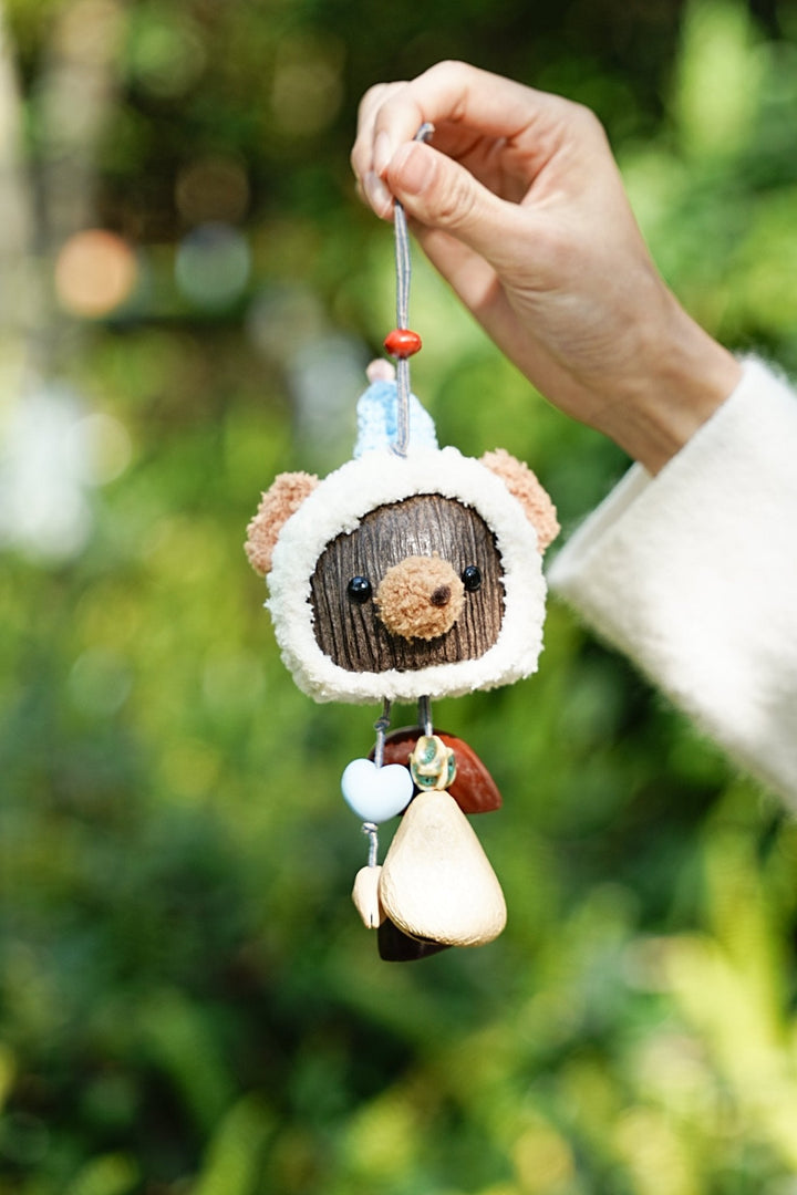 Plush bear seed bag charm with dangling beads and ring clasp