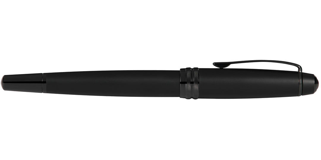 Matte black lacquer fountain pen side view with clip and ribbed grip