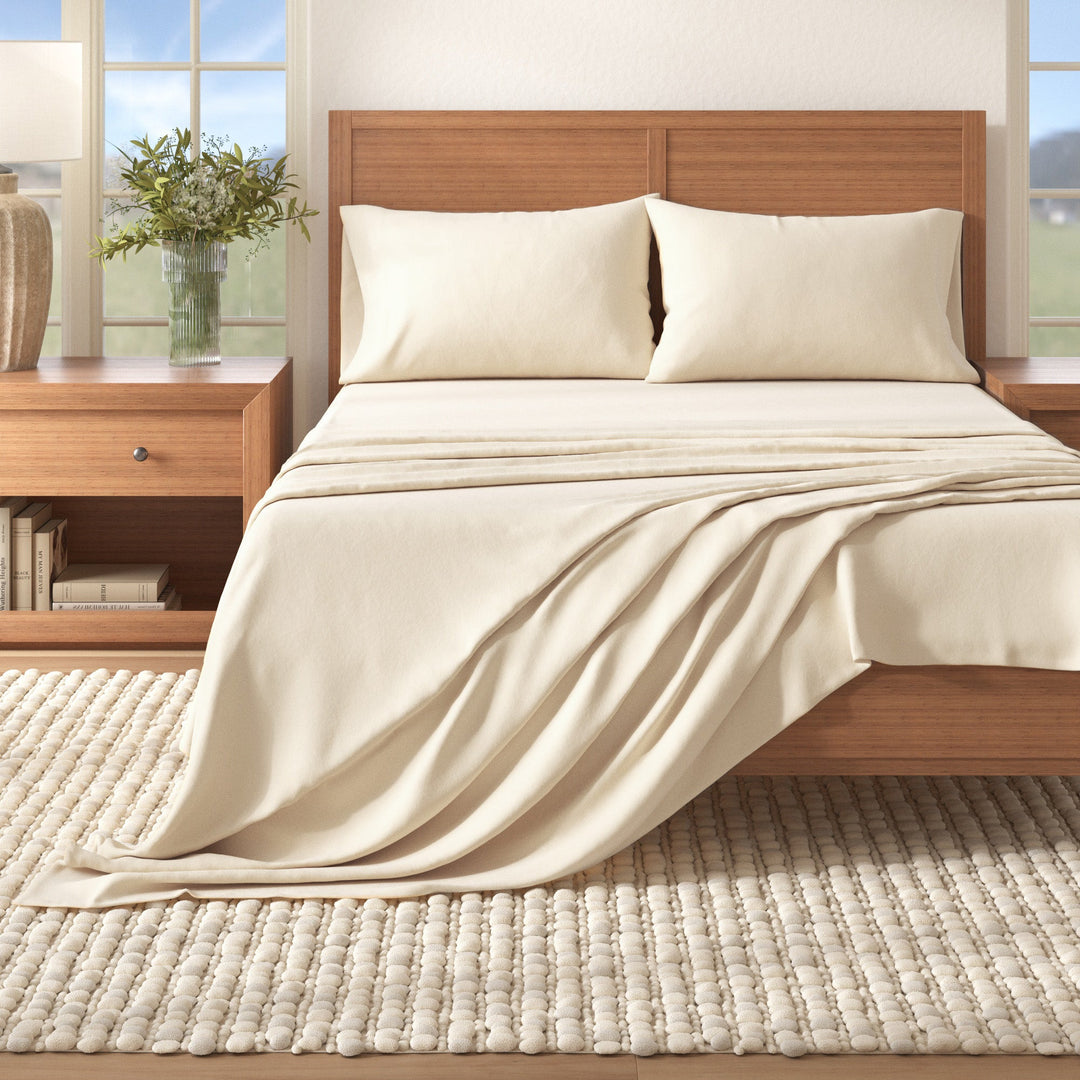 Cotton solid flannel sheet set in pristine ivory with folded drape on bed